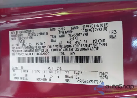 2015 Ford Escape Se from USA, damaged, VIN 1FMCU9GXXFUC52909